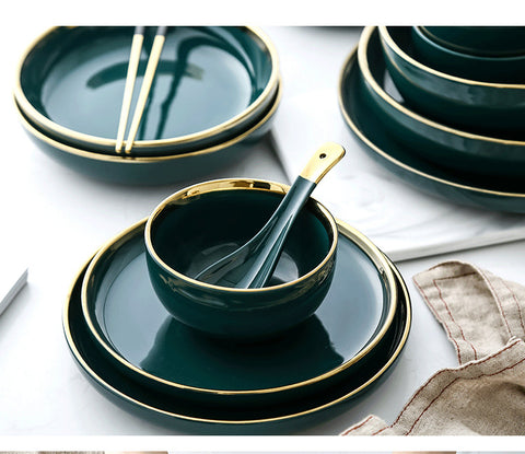 Image of Nordic Style Green Ceramic Gold Inlay Plate Steak Food Plate