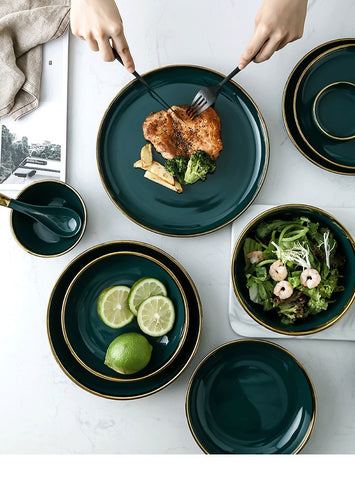 Image of Nordic Style Green Ceramic Gold Inlay Plate Steak Food Plate