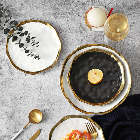 Image of Retro Tableware Matte Steak Dish Gold Side Black Plate