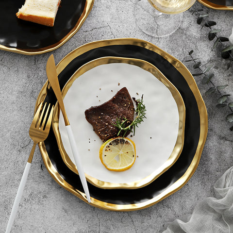 Image of Retro Tableware Matte Steak Dish Gold Side Black Plate