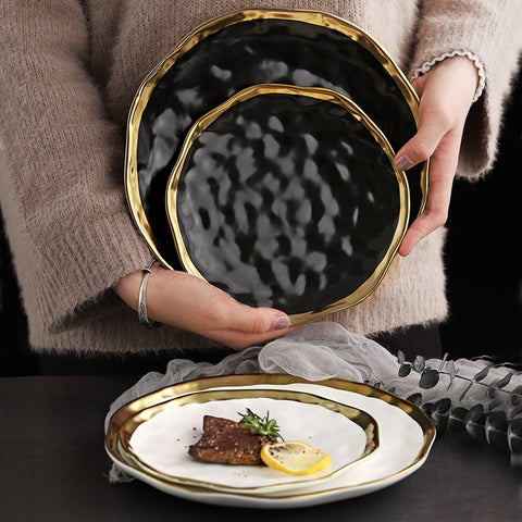 Image of Retro Tableware Matte Steak Dish Gold Side Black Plate