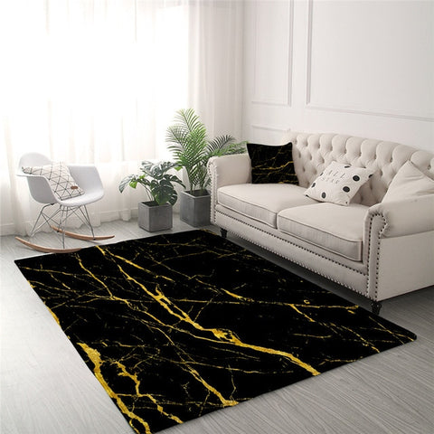 Image of Gold Glitter Black Marble Stone Center Rug Trendy Bedroom