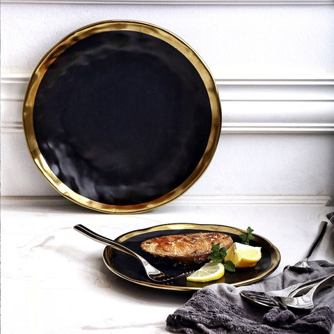 Image of Luxury Gold Edges Plate Dinnerware Kitchen Plate Black And White