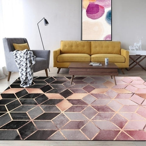 Image of Rose Gold Pink/Green Modern Area Rugs Geometric Pattern Mat for Living Room Bedroom