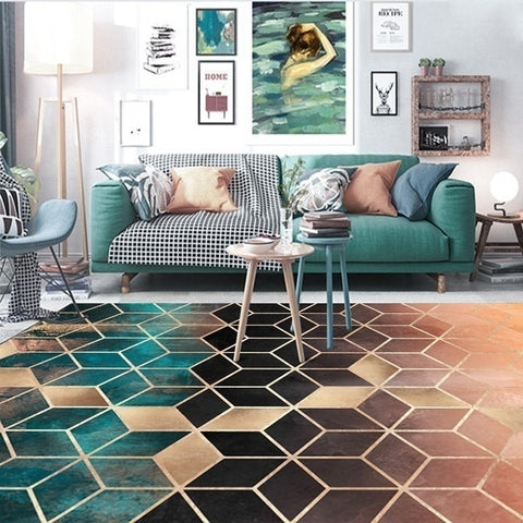 Image of Rose Gold Pink/Green Modern Area Rugs Geometric Pattern Mat for Living Room Bedroom